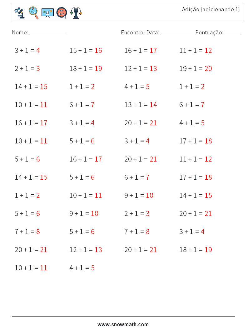 (50) Adição (adicionando 1) planilhas matemáticas 2 Pergunta, Resposta