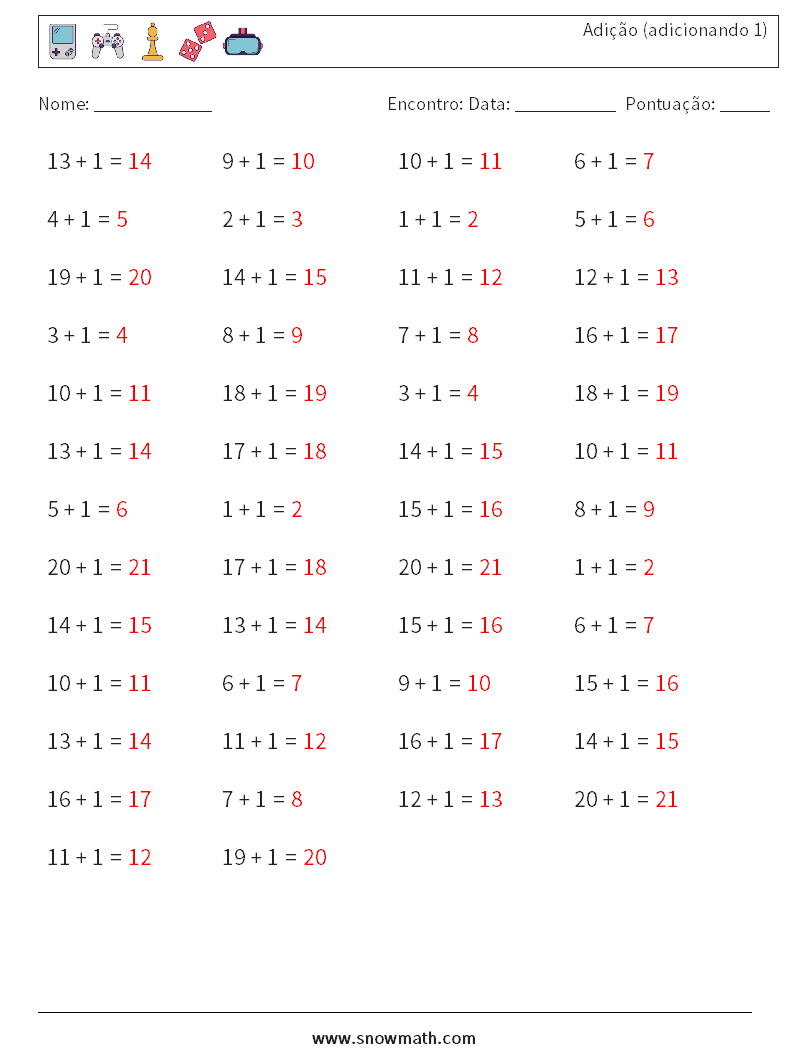 (50) Adição (adicionando 1) planilhas matemáticas 3 Pergunta, Resposta
