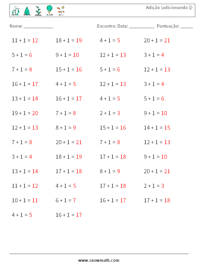 (50) Adição (adicionando 1) planilhas matemáticas 4 Pergunta, Resposta