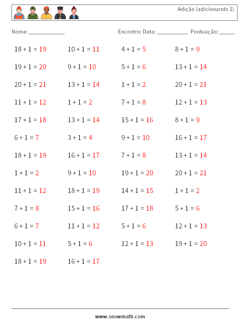 (50) Adição (adicionando 1) planilhas matemáticas 6 Pergunta, Resposta