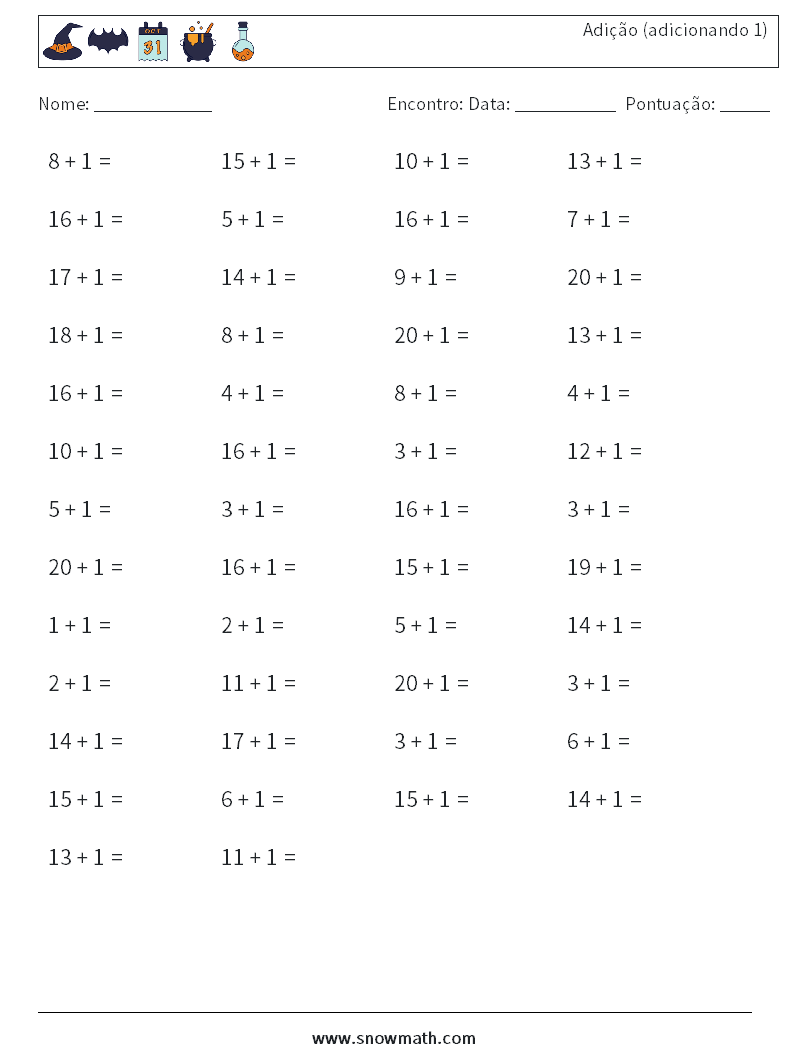 (50) Adição (adicionando 1) planilhas matemáticas 7