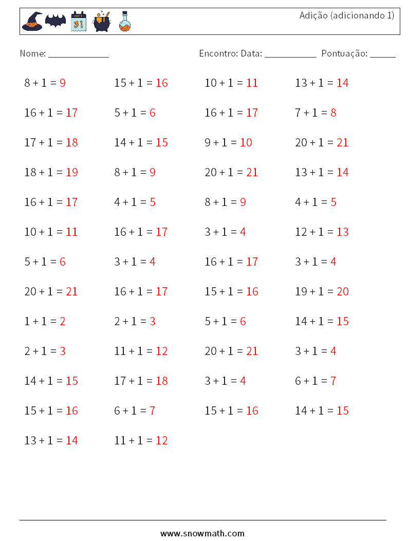 (50) Adição (adicionando 1) planilhas matemáticas 7 Pergunta, Resposta