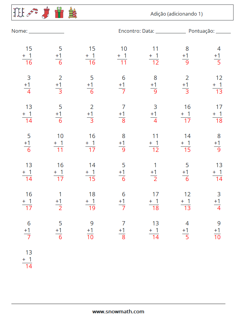 (50) Adição (adicionando 1) planilhas matemáticas 10 Pergunta, Resposta