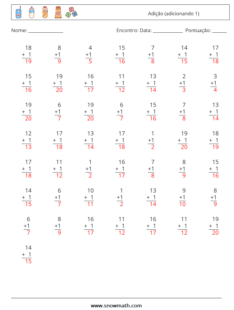 (50) Adição (adicionando 1) planilhas matemáticas 11 Pergunta, Resposta