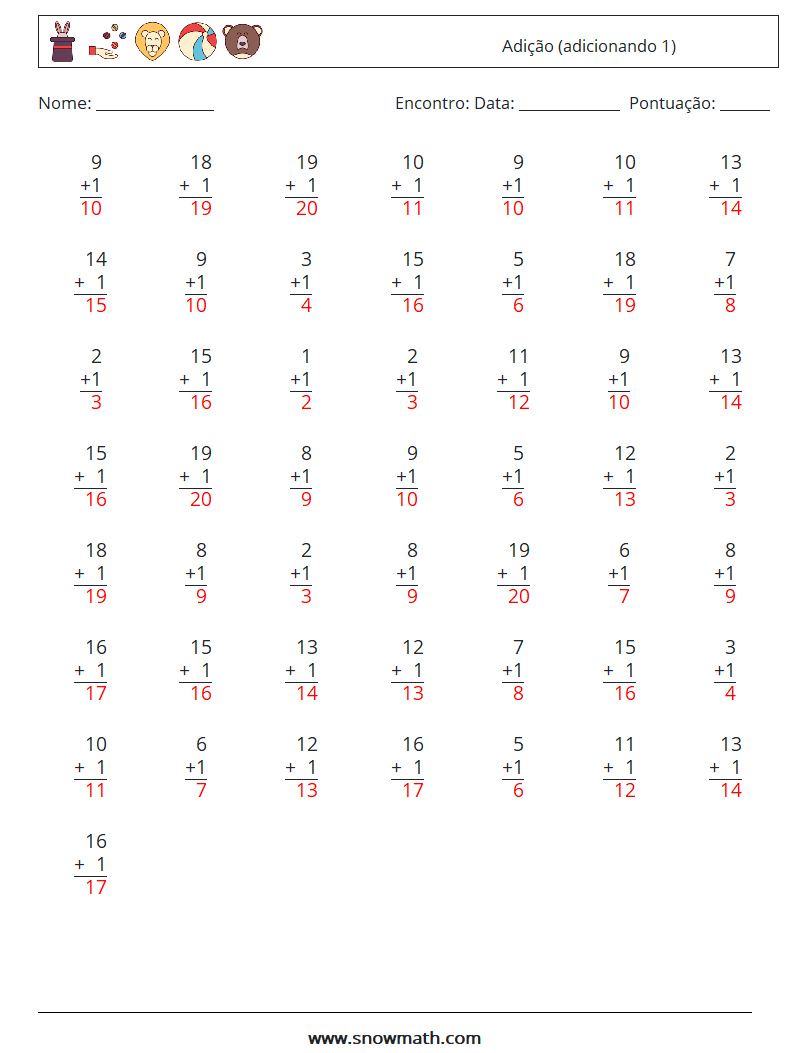 (50) Adição (adicionando 1) planilhas matemáticas 13 Pergunta, Resposta