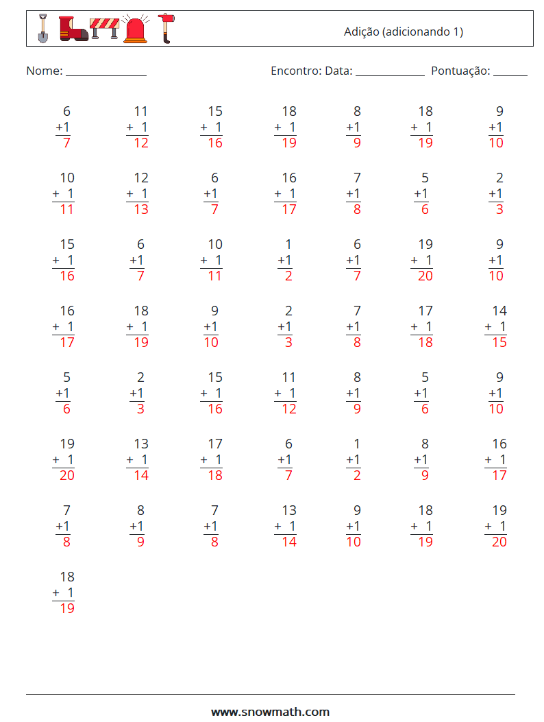 (50) Adição (adicionando 1) planilhas matemáticas 15 Pergunta, Resposta