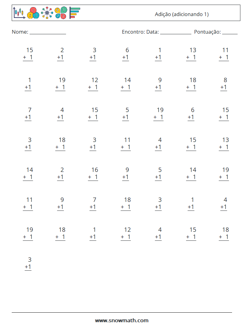 (50) Adição (adicionando 1) planilhas matemáticas 17