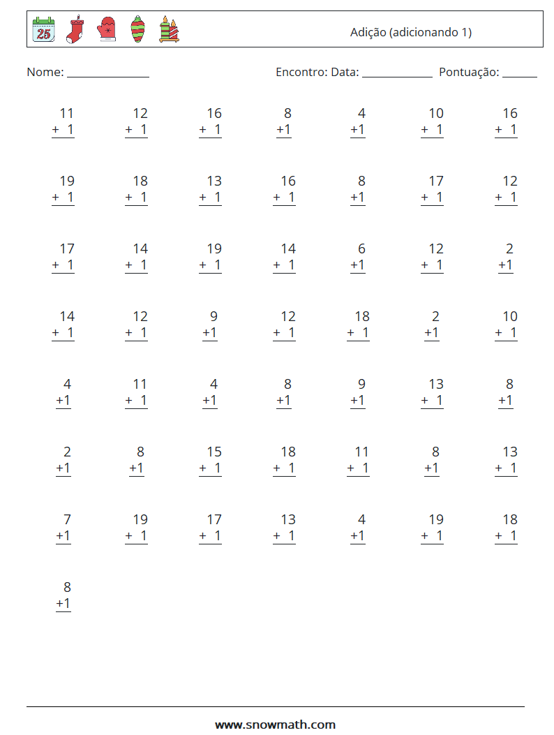 (50) Adição (adicionando 1) planilhas matemáticas 18