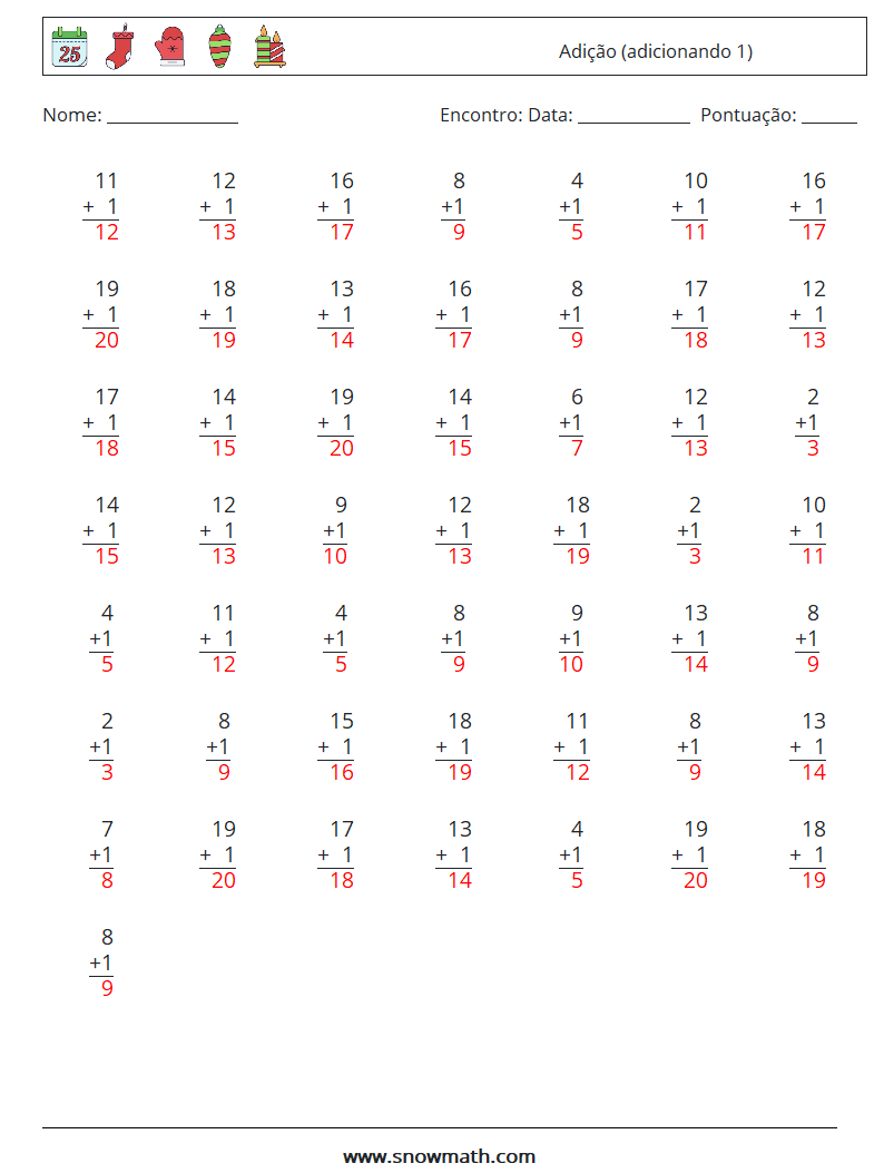 (50) Adição (adicionando 1) planilhas matemáticas 18 Pergunta, Resposta