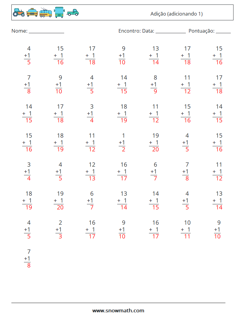 (50) Adição (adicionando 1) planilhas matemáticas 1 Pergunta, Resposta