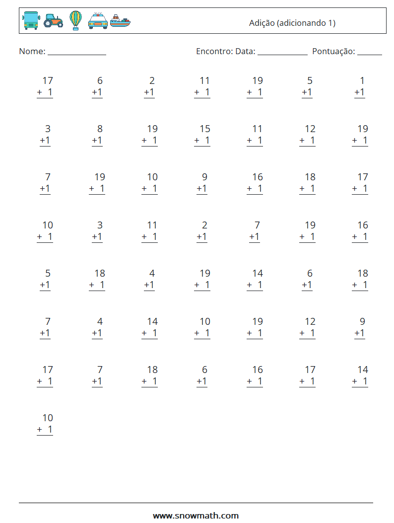 (50) Adição (adicionando 1) planilhas matemáticas 2