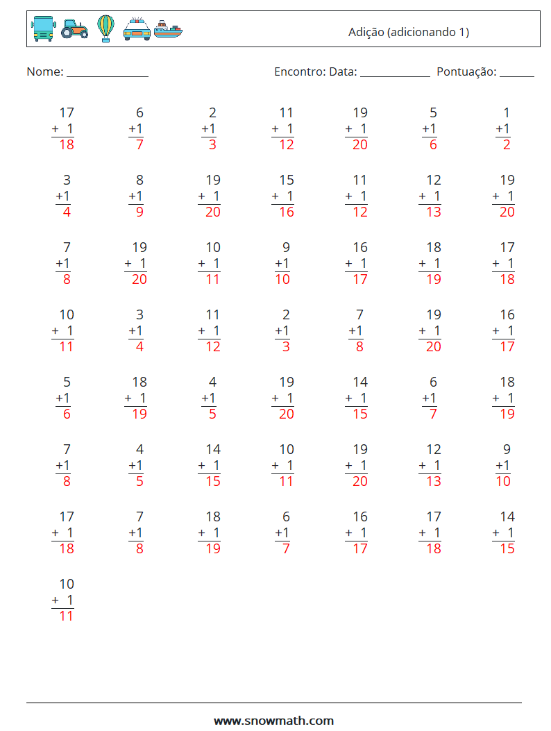 (50) Adição (adicionando 1) planilhas matemáticas 2 Pergunta, Resposta