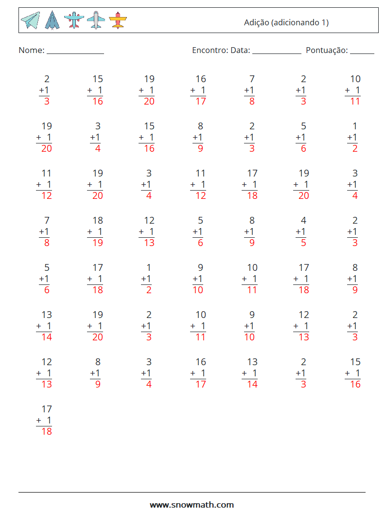 (50) Adição (adicionando 1) planilhas matemáticas 3 Pergunta, Resposta