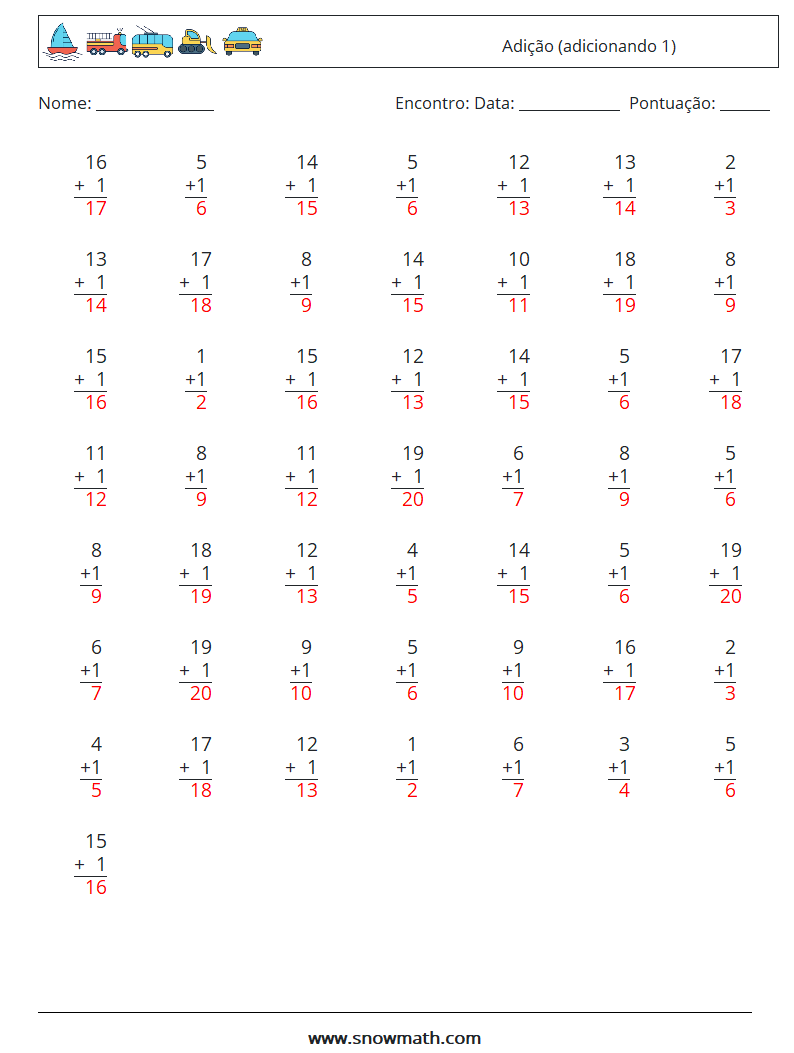 (50) Adição (adicionando 1) planilhas matemáticas 5 Pergunta, Resposta