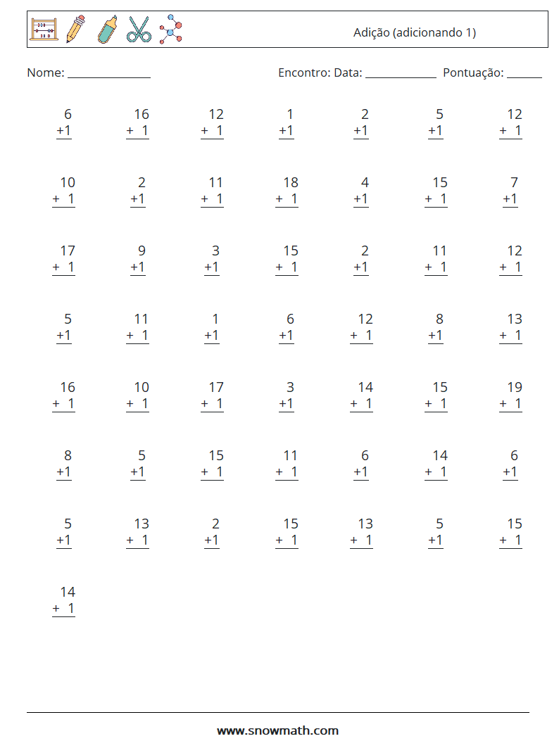 (50) Adição (adicionando 1) planilhas matemáticas 6