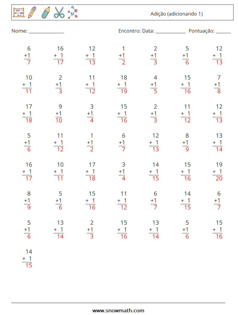 (50) Adição (adicionando 1) planilhas matemáticas 6 Pergunta, Resposta