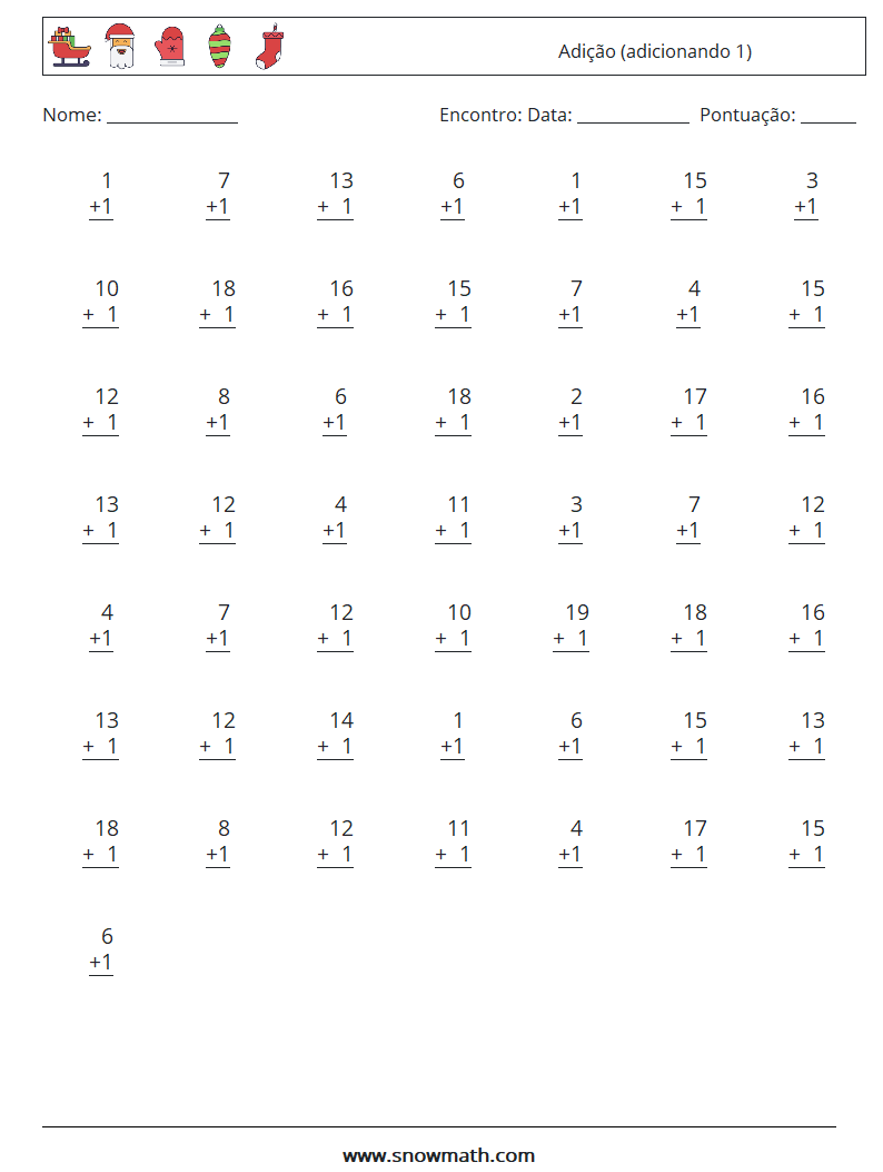 (50) Adição (adicionando 1) planilhas matemáticas 7