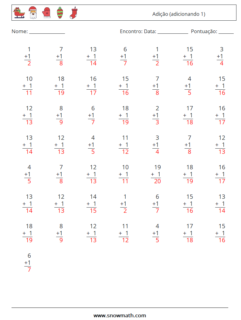 (50) Adição (adicionando 1) planilhas matemáticas 7 Pergunta, Resposta