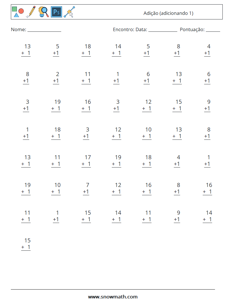 (50) Adição (adicionando 1) planilhas matemáticas 8