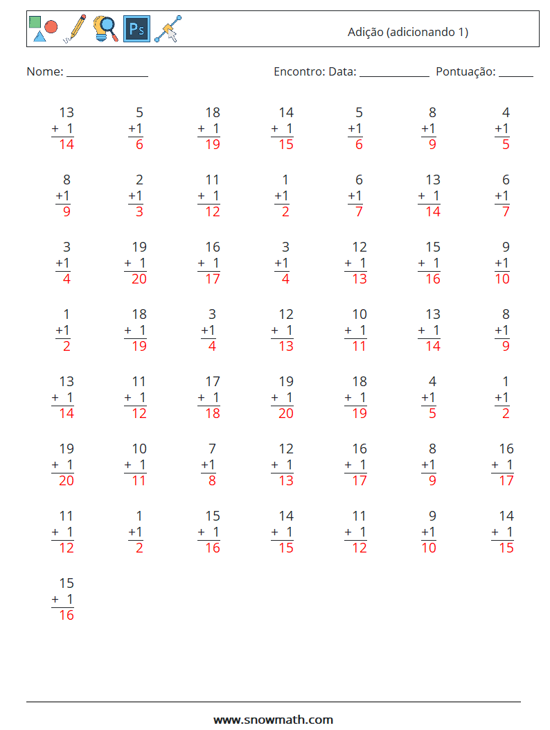 (50) Adição (adicionando 1) planilhas matemáticas 8 Pergunta, Resposta