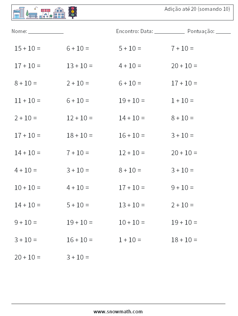 (50) Adição até 20 (somando 10) planilhas matemáticas 1