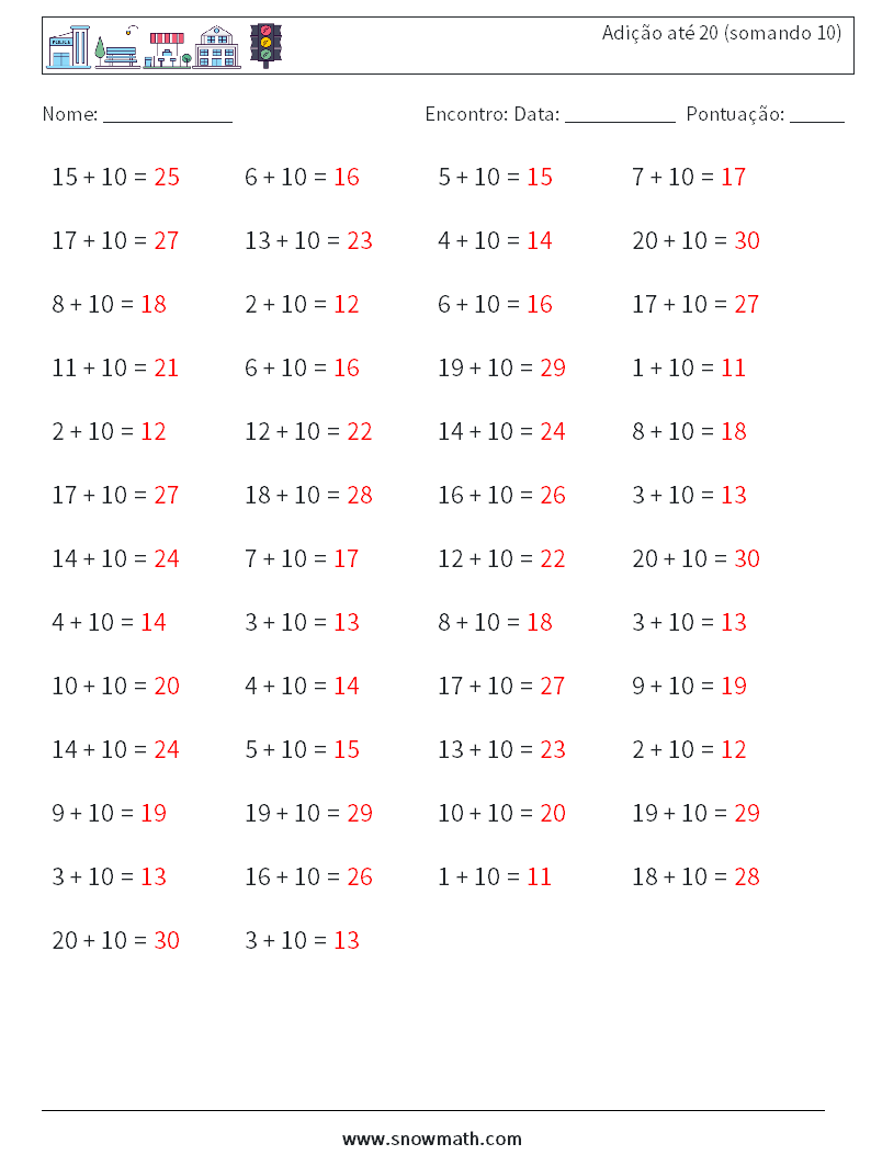 (50) Adição até 20 (somando 10) planilhas matemáticas 1 Pergunta, Resposta