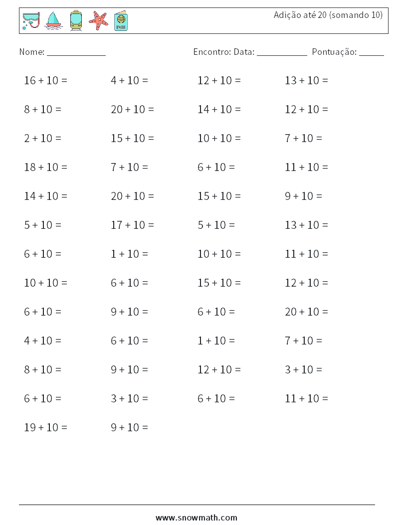 (50) Adição até 20 (somando 10) planilhas matemáticas 2