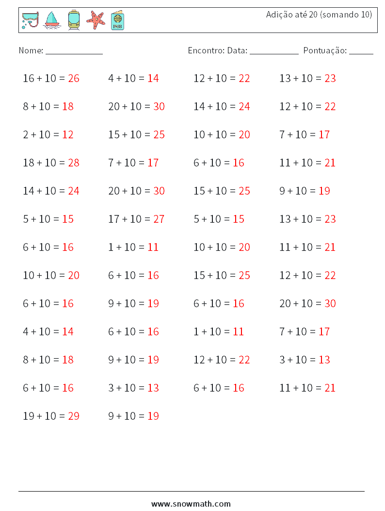 (50) Adição até 20 (somando 10) planilhas matemáticas 2 Pergunta, Resposta
