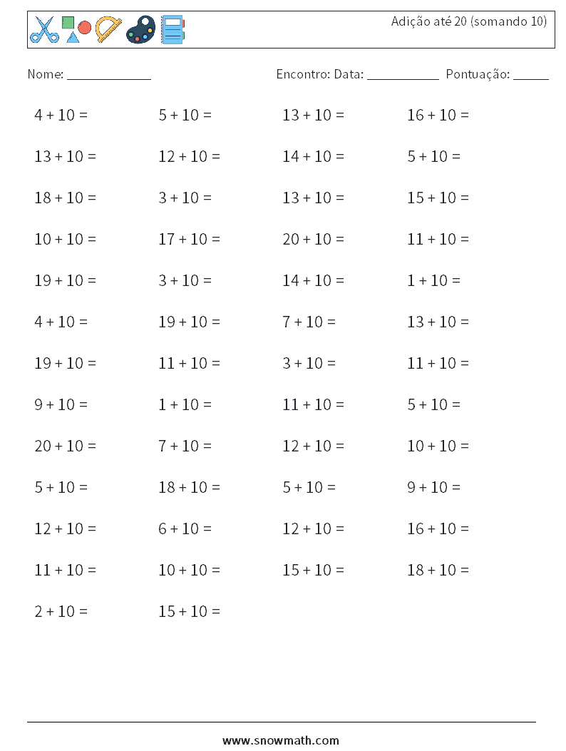 (50) Adição até 20 (somando 10) planilhas matemáticas 4