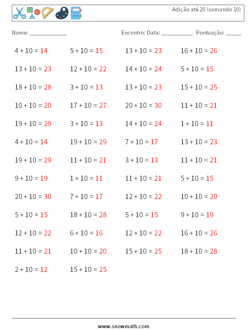 (50) Adição até 20 (somando 10) planilhas matemáticas 4 Pergunta, Resposta