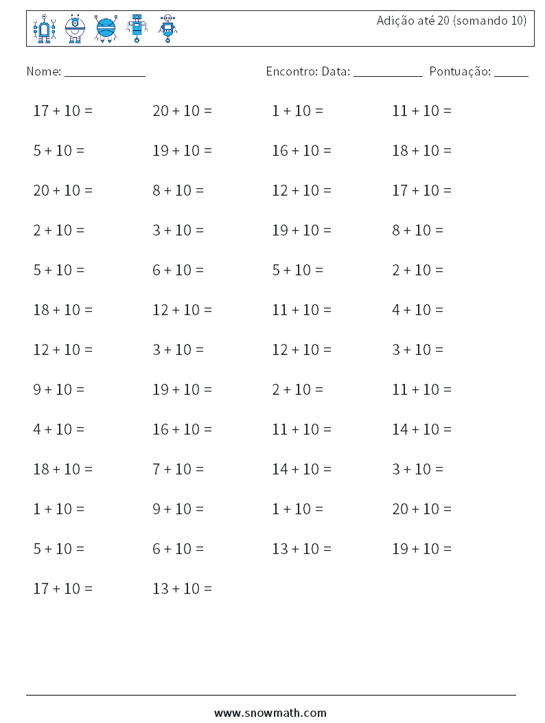 (50) Adição até 20 (somando 10) planilhas matemáticas 5