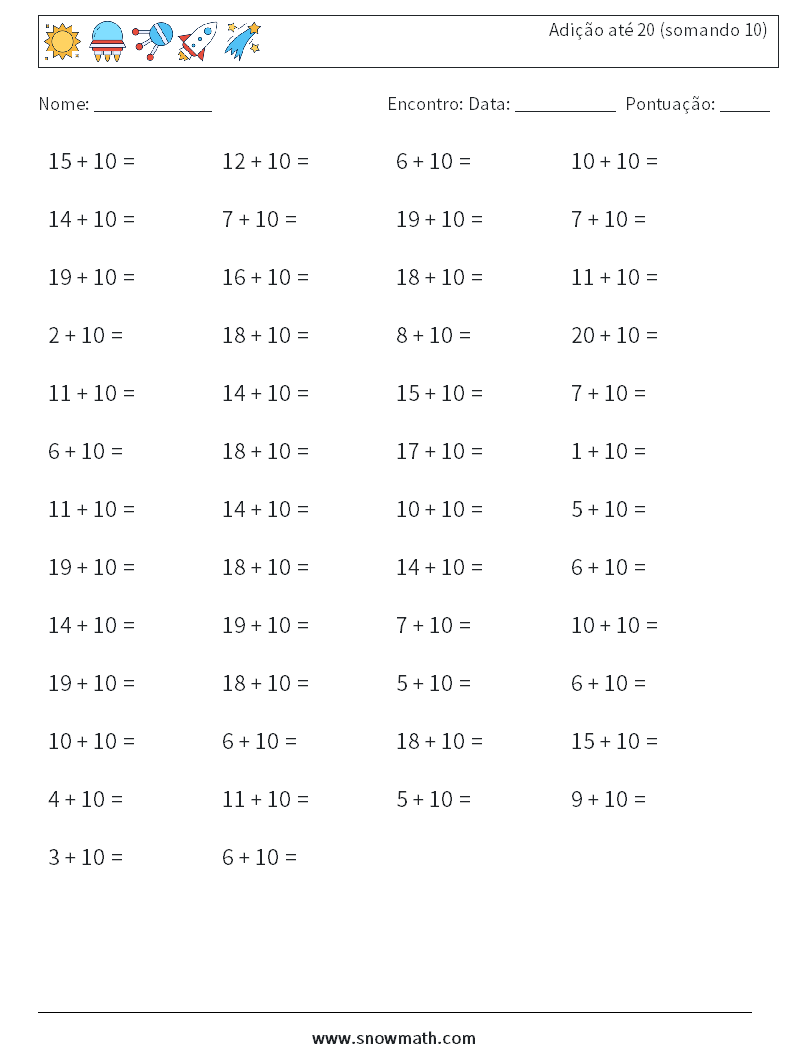 (50) Adição até 20 (somando 10) planilhas matemáticas 6