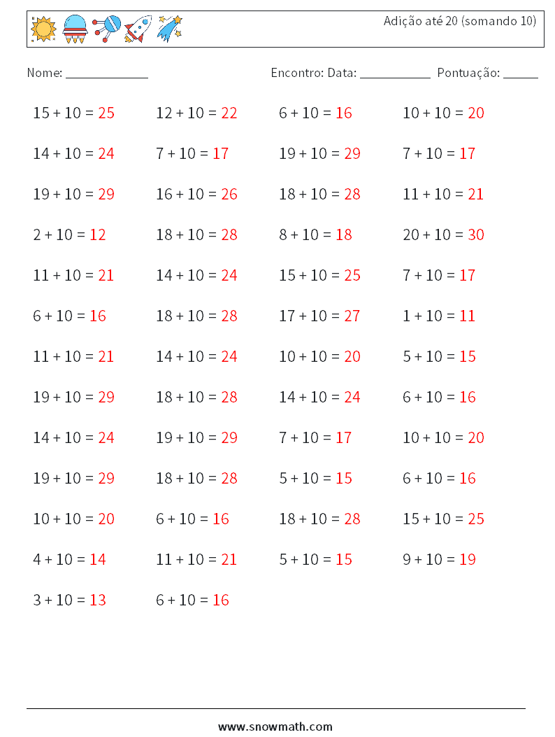 (50) Adição até 20 (somando 10) planilhas matemáticas 6 Pergunta, Resposta