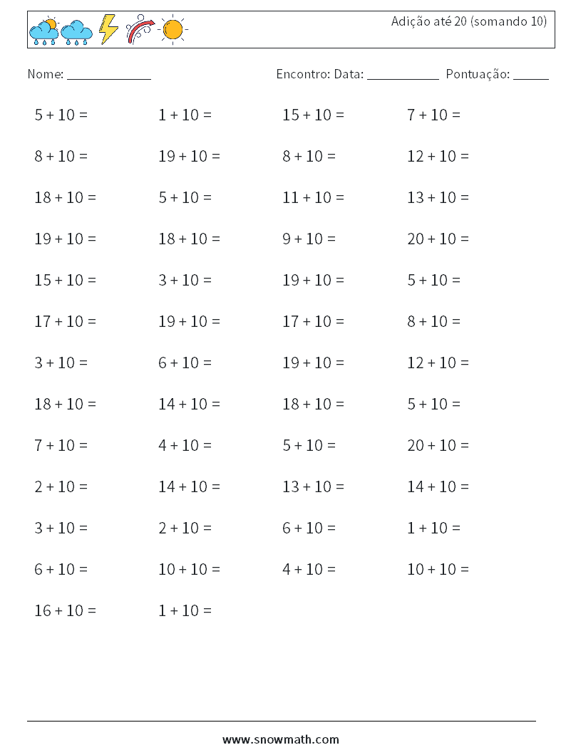 (50) Adição até 20 (somando 10) planilhas matemáticas 7