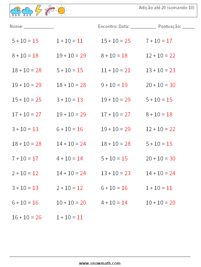 (50) Adição até 20 (somando 10) planilhas matemáticas 7 Pergunta, Resposta