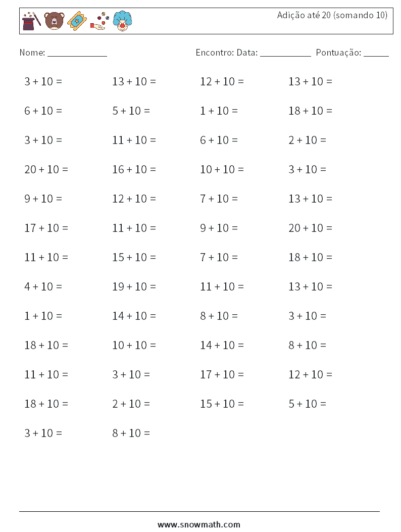 (50) Adição até 20 (somando 10) planilhas matemáticas 8