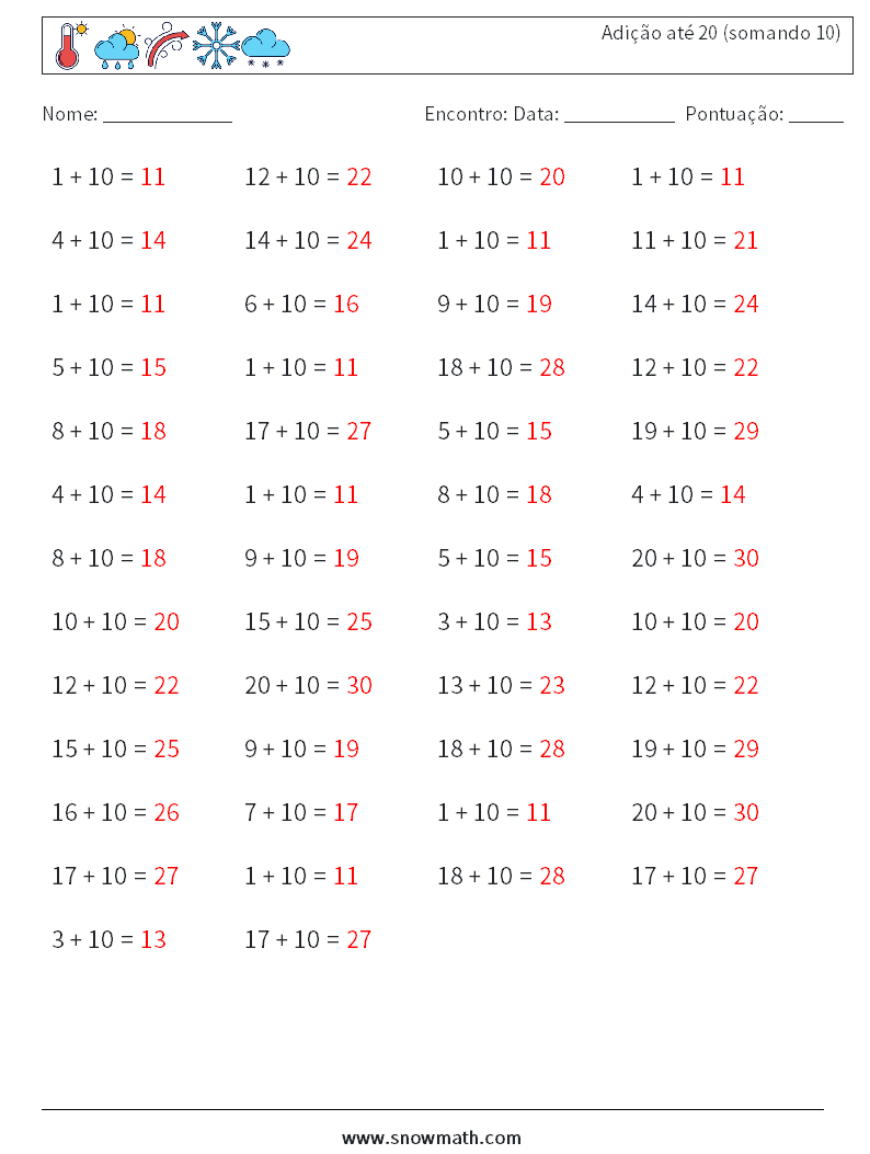 (50) Adição até 20 (somando 10) planilhas matemáticas 9 Pergunta, Resposta