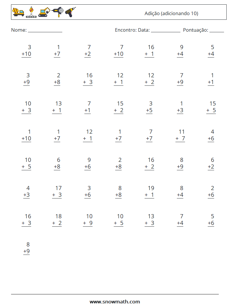 (50) Adição (adicionando 10) planilhas matemáticas 10