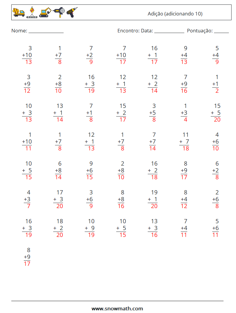 (50) Adição (adicionando 10) planilhas matemáticas 10 Pergunta, Resposta