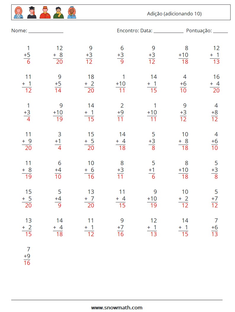 (50) Adição (adicionando 10) planilhas matemáticas 11 Pergunta, Resposta