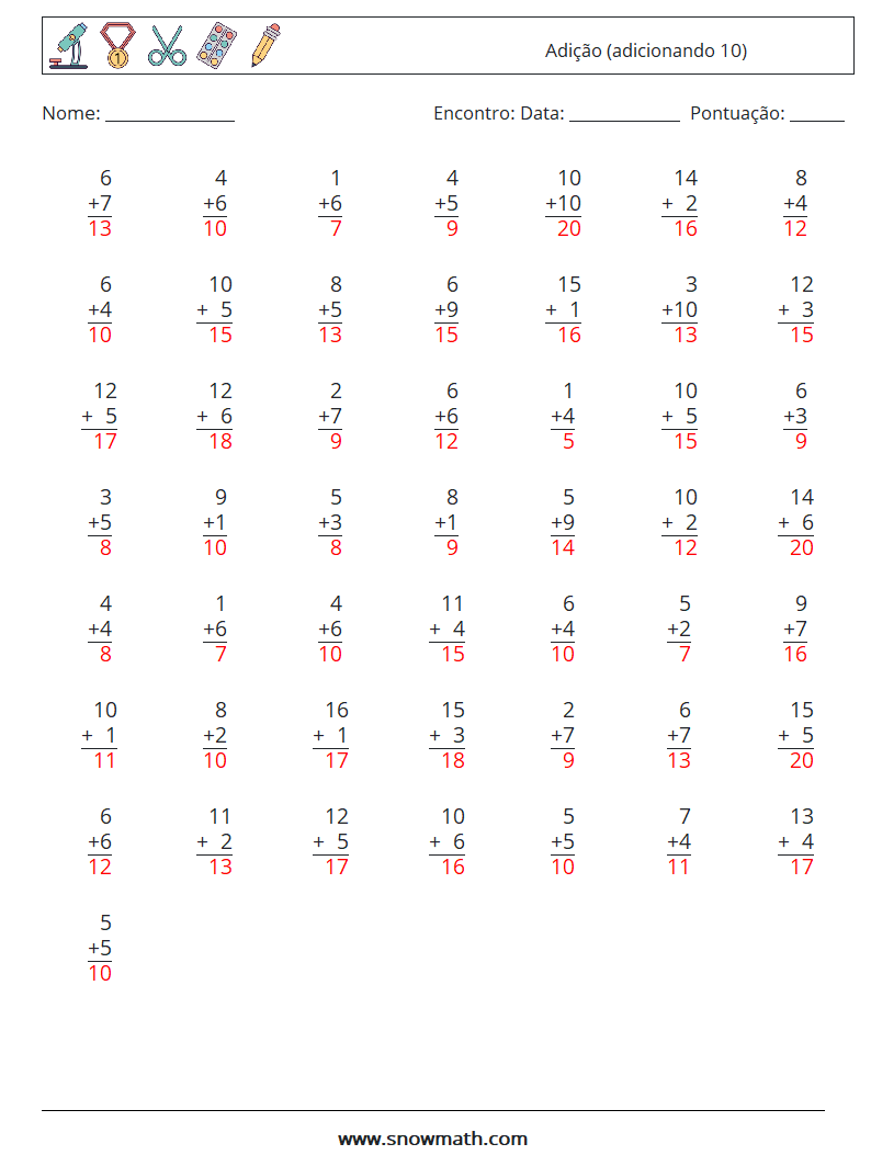 (50) Adição (adicionando 10) planilhas matemáticas 12 Pergunta, Resposta