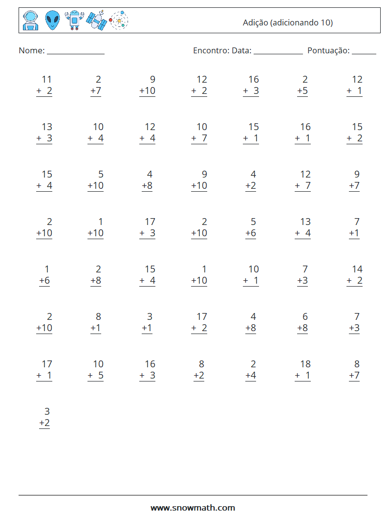 (50) Adição (adicionando 10) planilhas matemáticas 14