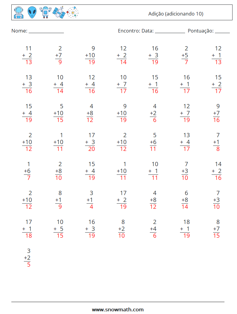 (50) Adição (adicionando 10) planilhas matemáticas 14 Pergunta, Resposta