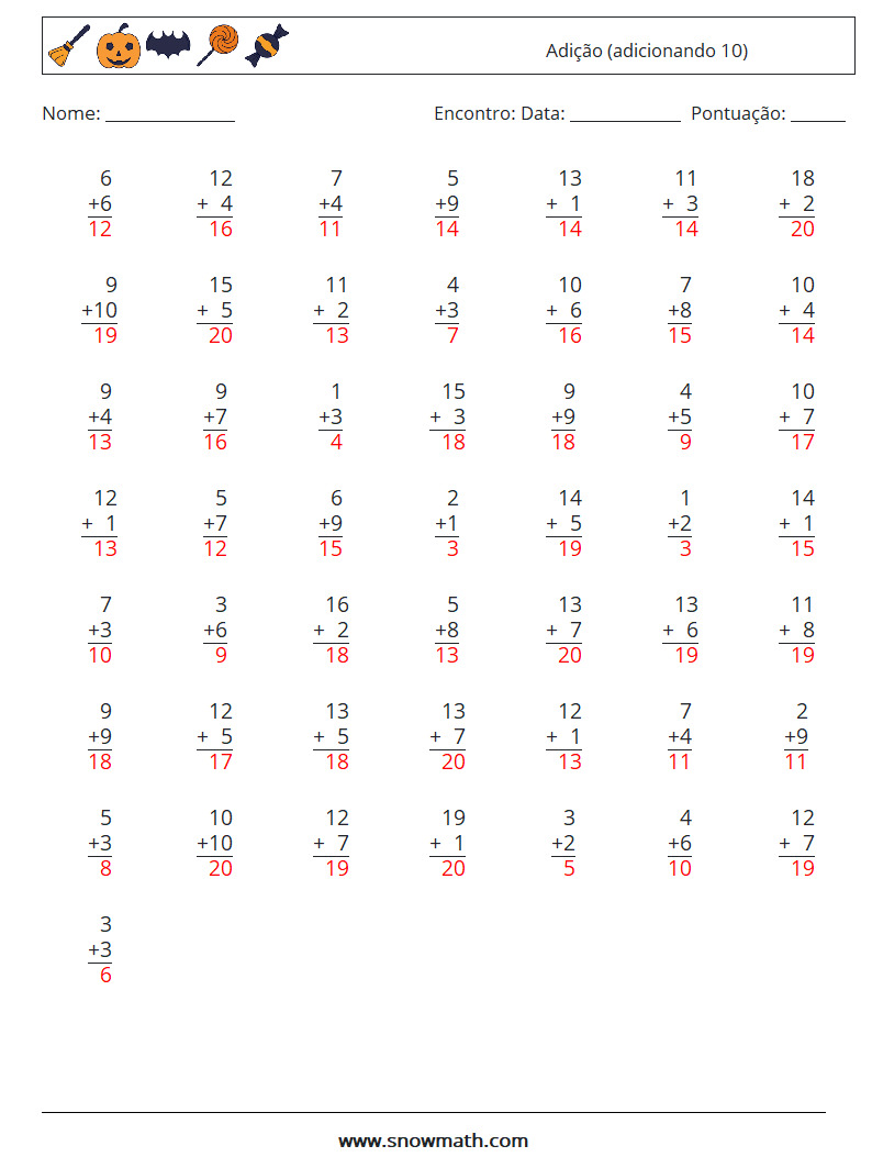 (50) Adição (adicionando 10) planilhas matemáticas 15 Pergunta, Resposta