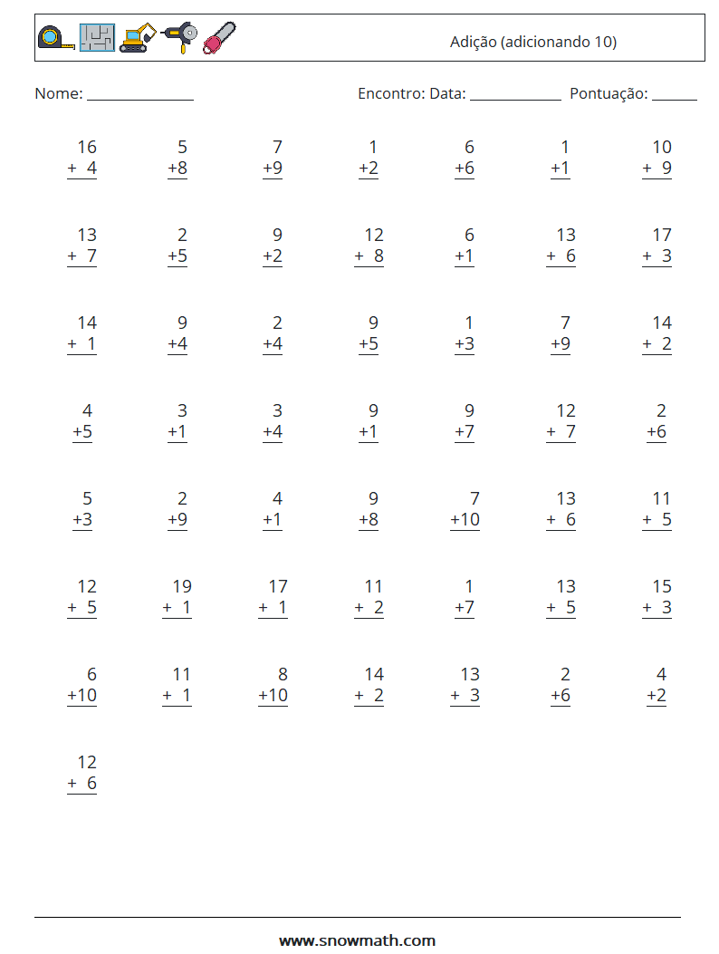 (50) Adição (adicionando 10) planilhas matemáticas 16