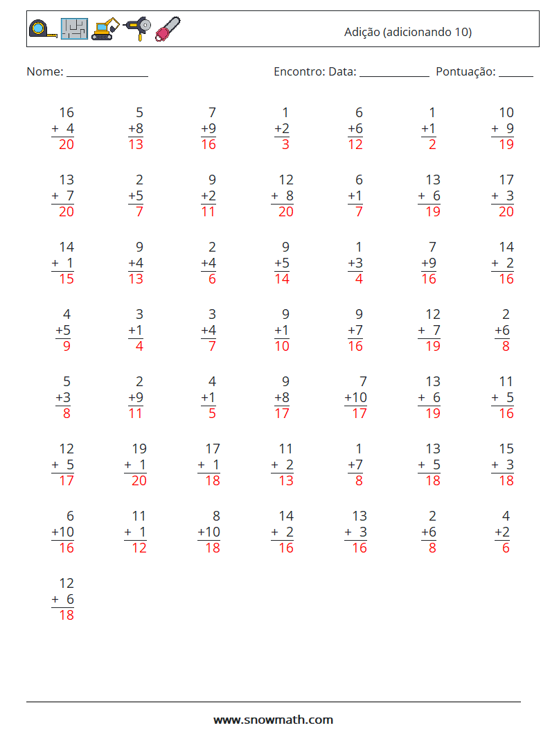 (50) Adição (adicionando 10) planilhas matemáticas 16 Pergunta, Resposta