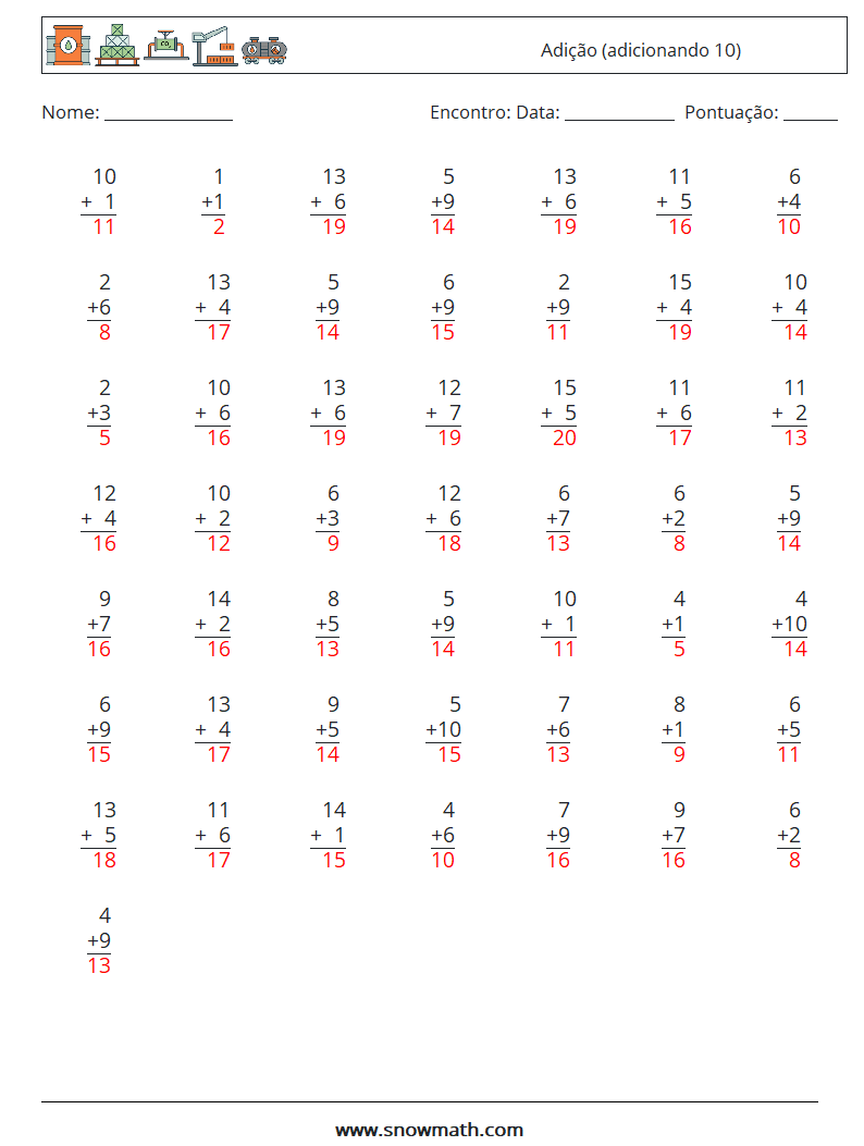 (50) Adição (adicionando 10) planilhas matemáticas 17 Pergunta, Resposta