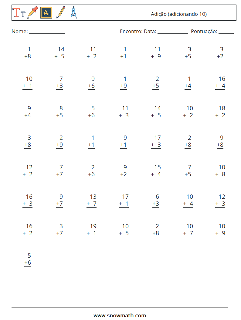 (50) Adição (adicionando 10) planilhas matemáticas 18