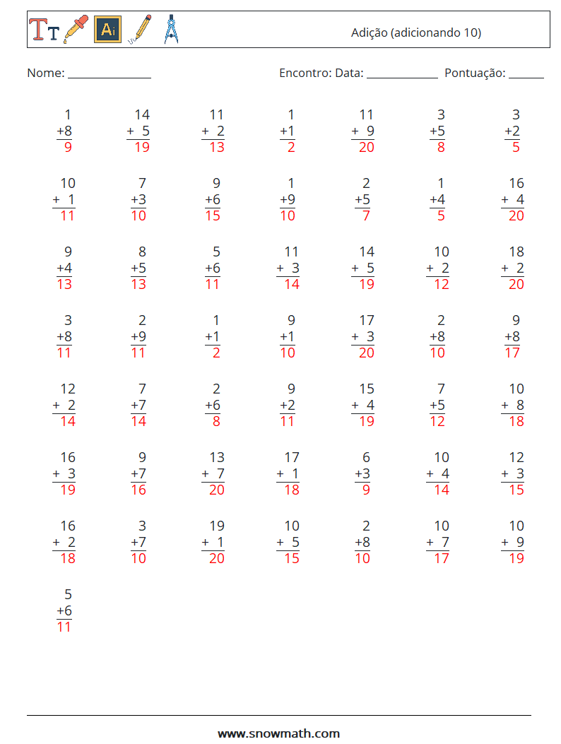 (50) Adição (adicionando 10) planilhas matemáticas 18 Pergunta, Resposta