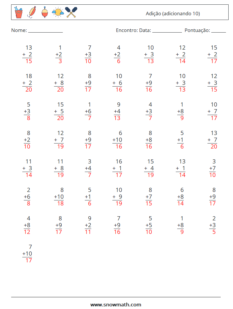 (50) Adição (adicionando 10) planilhas matemáticas 1 Pergunta, Resposta